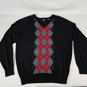 Jos A. Bank MERINO WOOL Sweater Men's L Black Argyle V-Neck Pullover Preppy Luxe